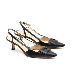 Manolo Blahnik Black Leather Buckle Slingback 37.5